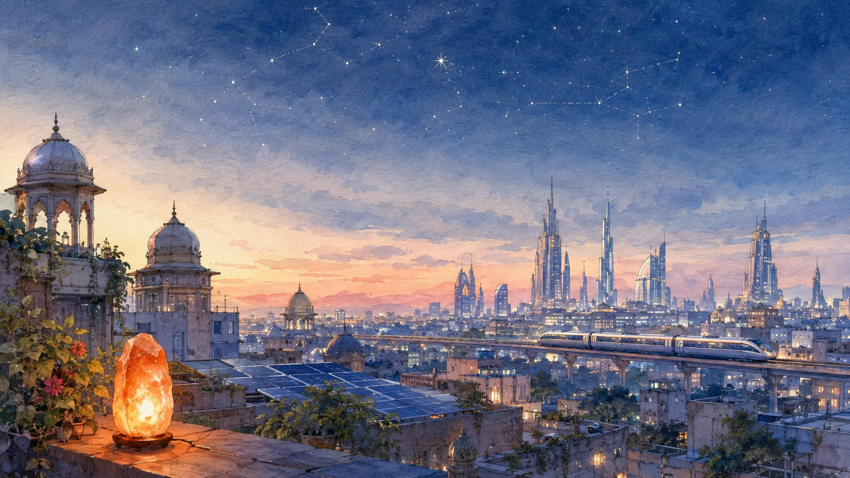 A glowing salt lamp on a rooftop parapet at dusk, solar panels and a monorail below, towers and constellations beyond