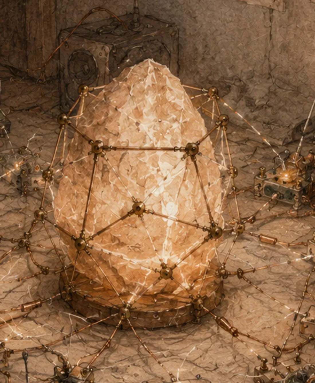 A faceted salt lamp glowing on a low base, brass nodes and fine wire strung across its surface