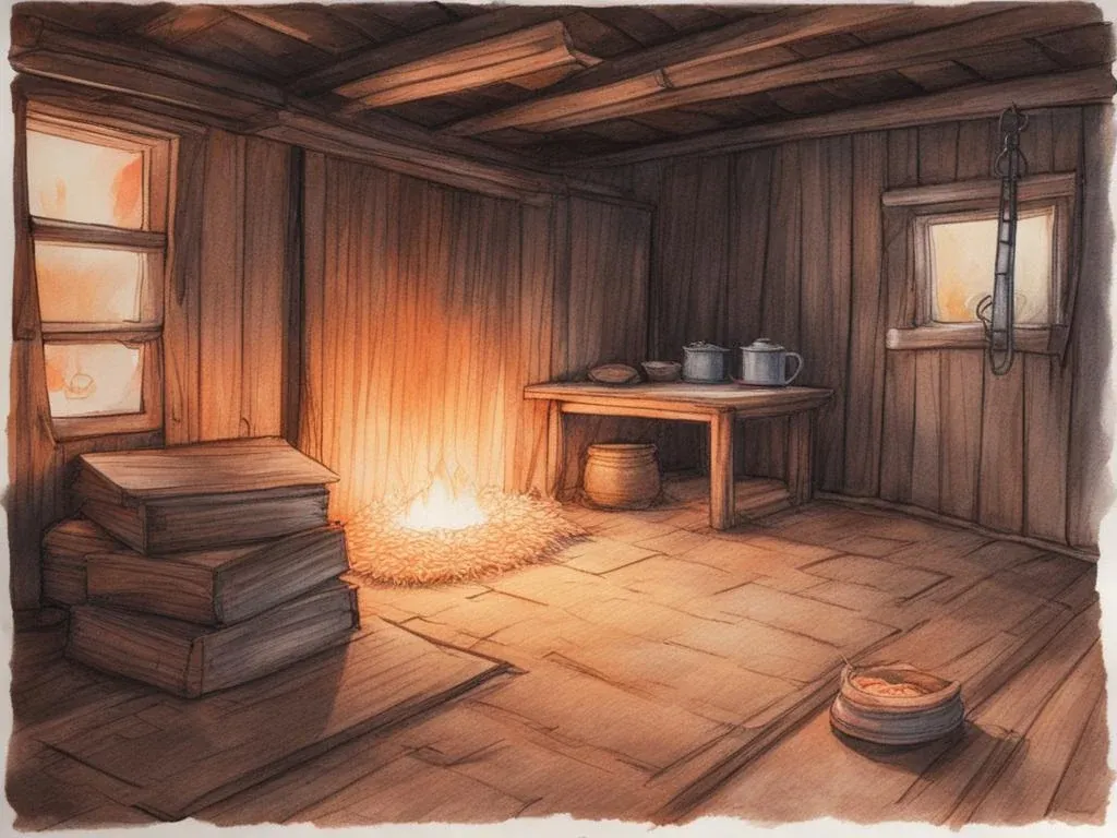 A plank-walled room with straw on the floor and a low red glow at its centre.