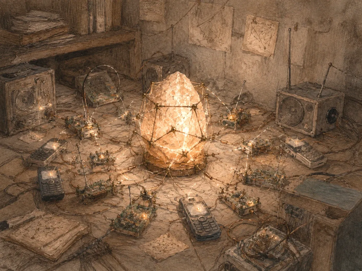 A glowing crystalline lamp in a back room, wired by hand to a ring of feature phones and old radios