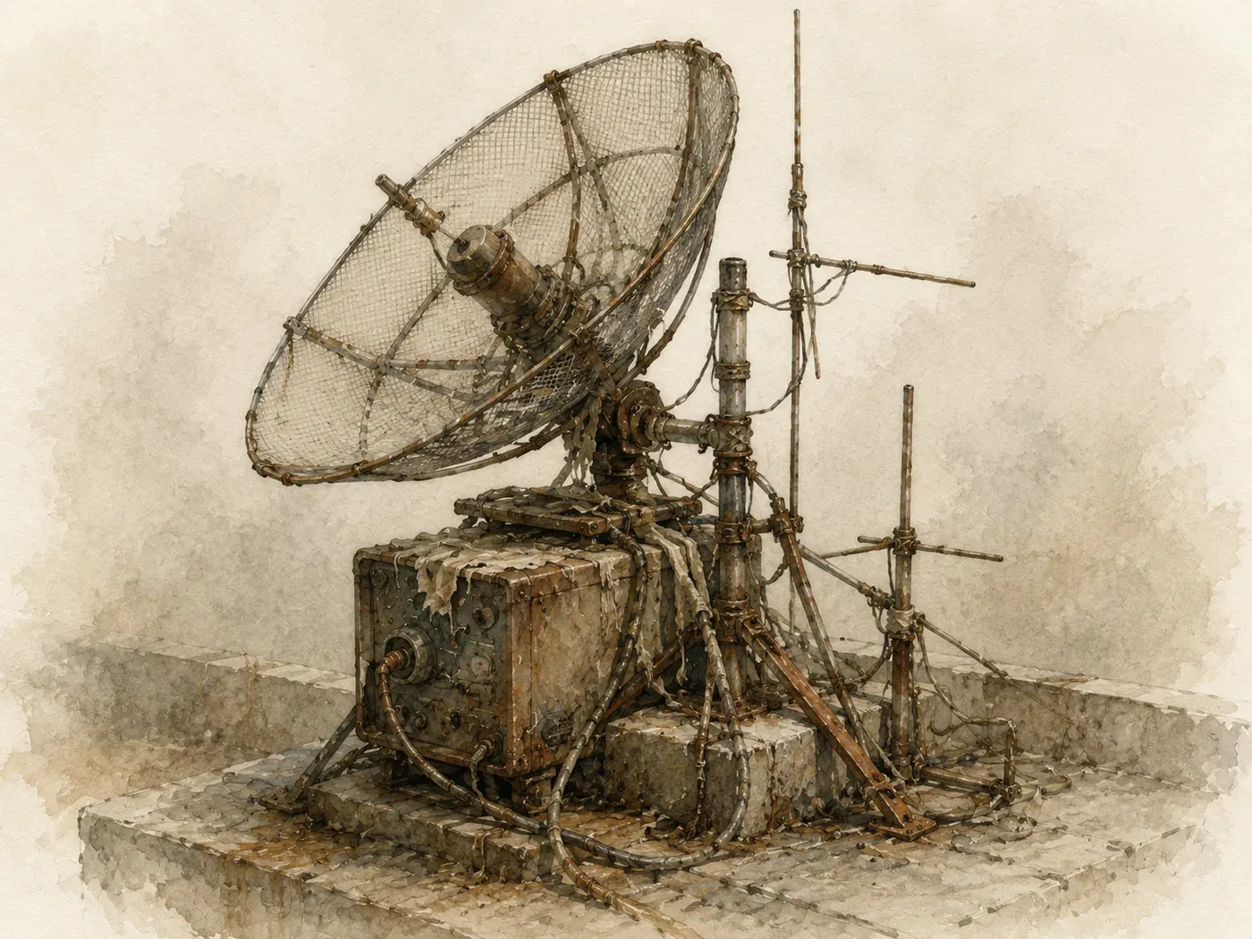 A rusted mesh dish and guyed mast bolted to a concrete roof, cabling running loose across the slab