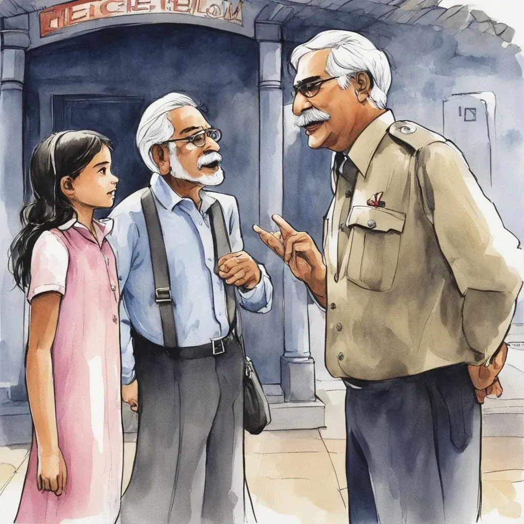 A girl between two older men in conversation, one in uniform, under a station sign.
