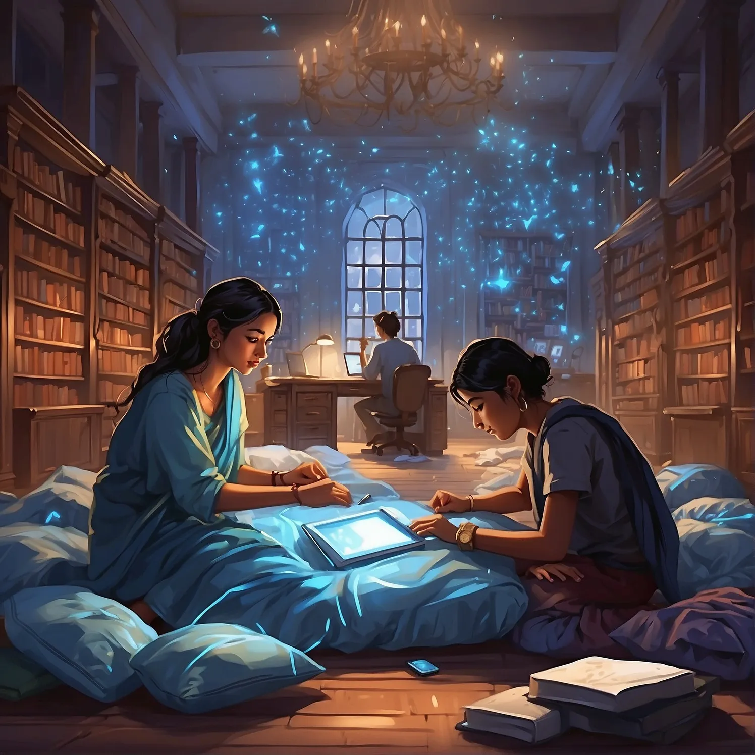 Two women on cushions among scattered tablets, the library around them lit blue.