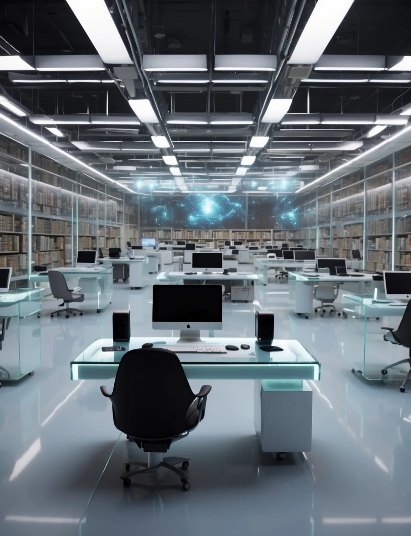 Rows of workstations under hard white light, every chair unoccupied.