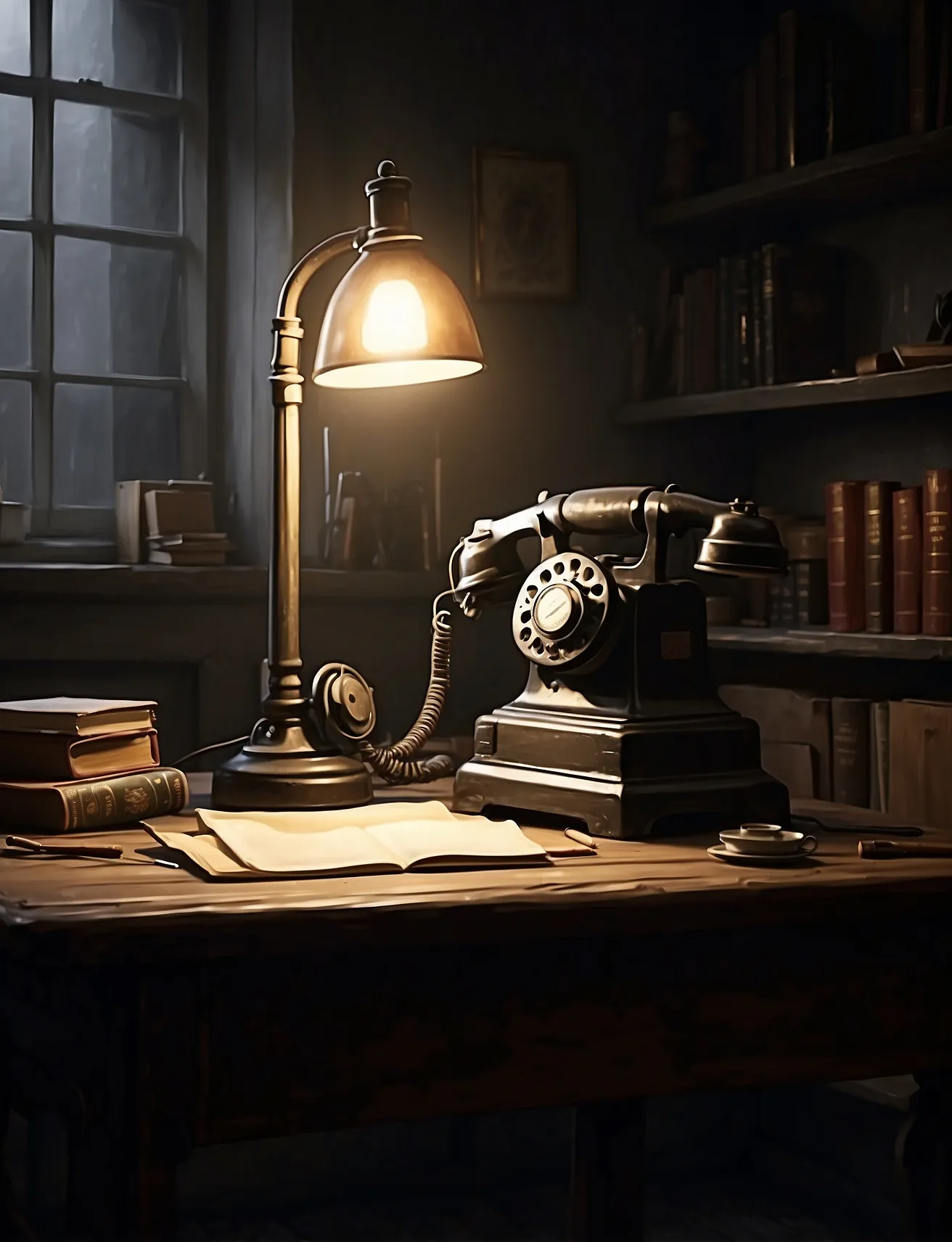 A brass lamp, a rotary telephone, and papers left where someone stopped.