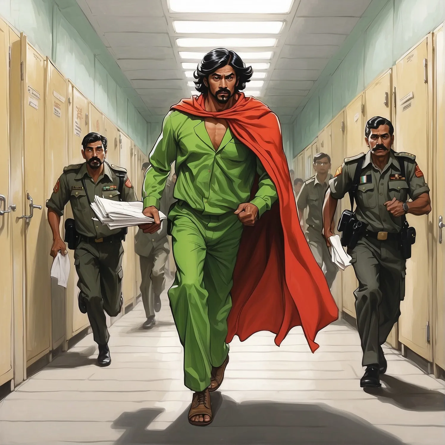 A caped figure walking a hospital-green corridor, uniformed men on either side.