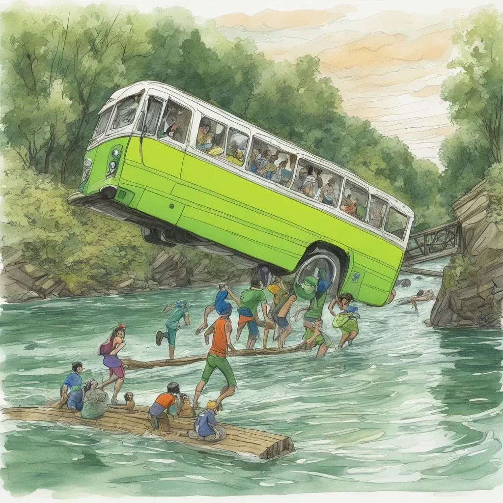 A bus fallen into a river beneath a collapsed bridge, women and children in the water, a superhero in neon green fleeing the scene