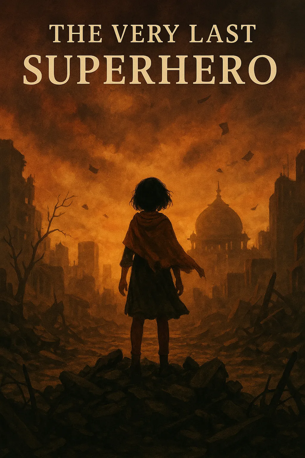 Sumati standing against a ruined skyline, cape-like fabric caught in the wind