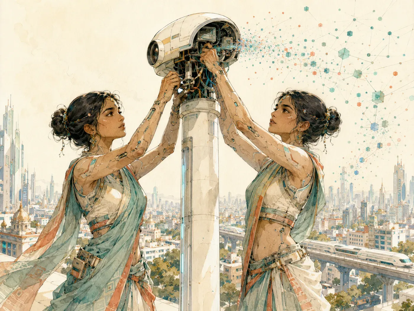 Two bio-robot women in saris working at the head of a surveillance mast, its sensor node opened and its network dissolving behind them