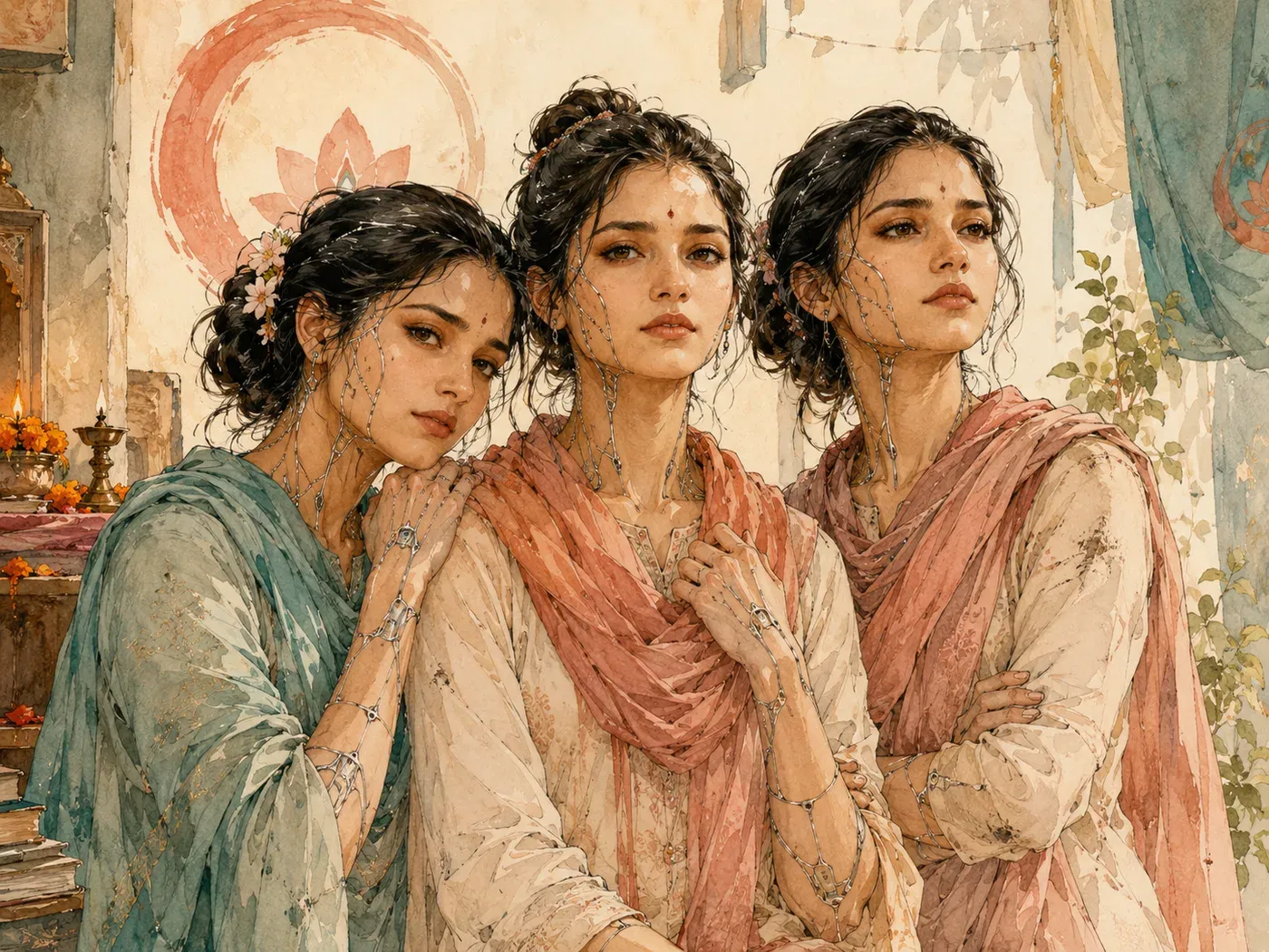 Three young women leaning close together, fine silver filaments tracing their faces and arms