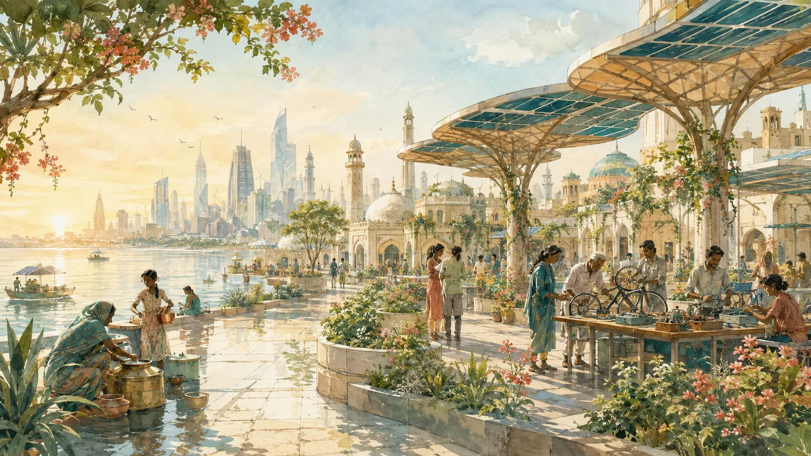 A riverfront promenade at sunrise with planted beds, solar canopies, a bicycle repair bench and a city skyline across the water
