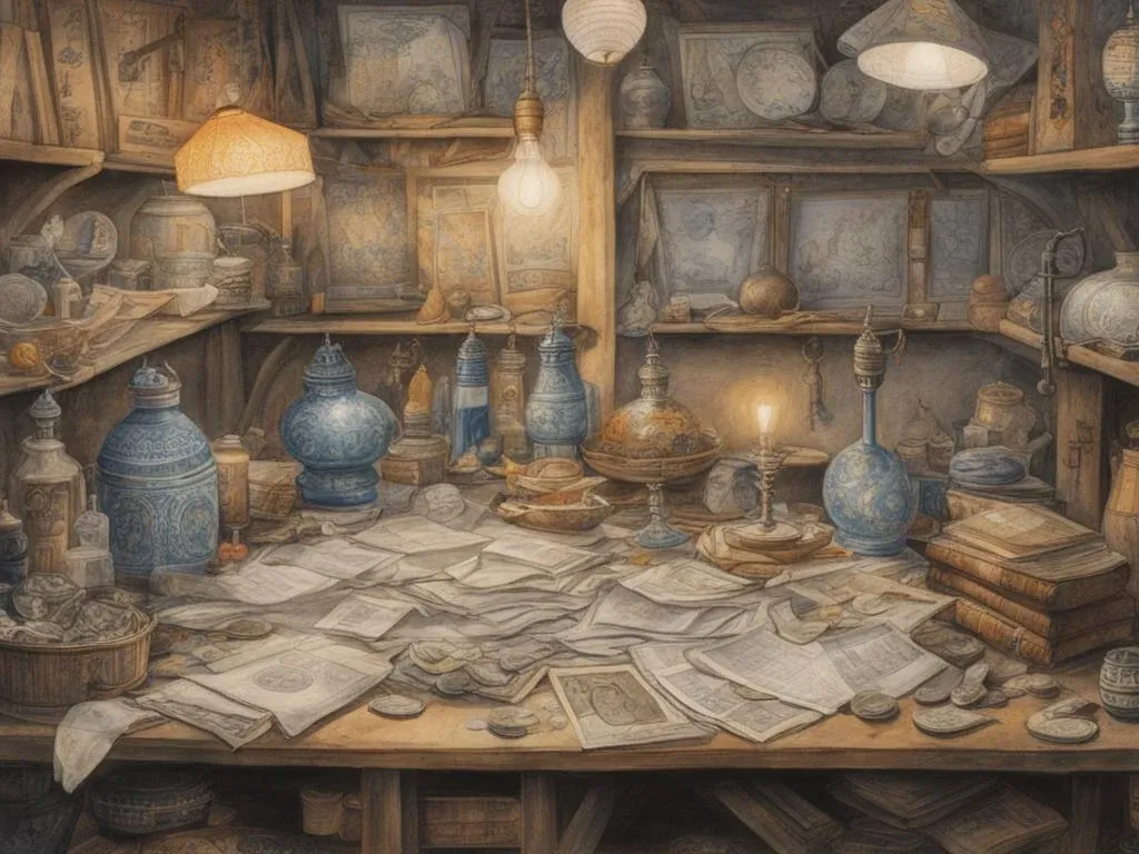 A dimly lit room crammed with broken fans, old parchment, coins, lamps, embroidered fabric and bottles of every colour