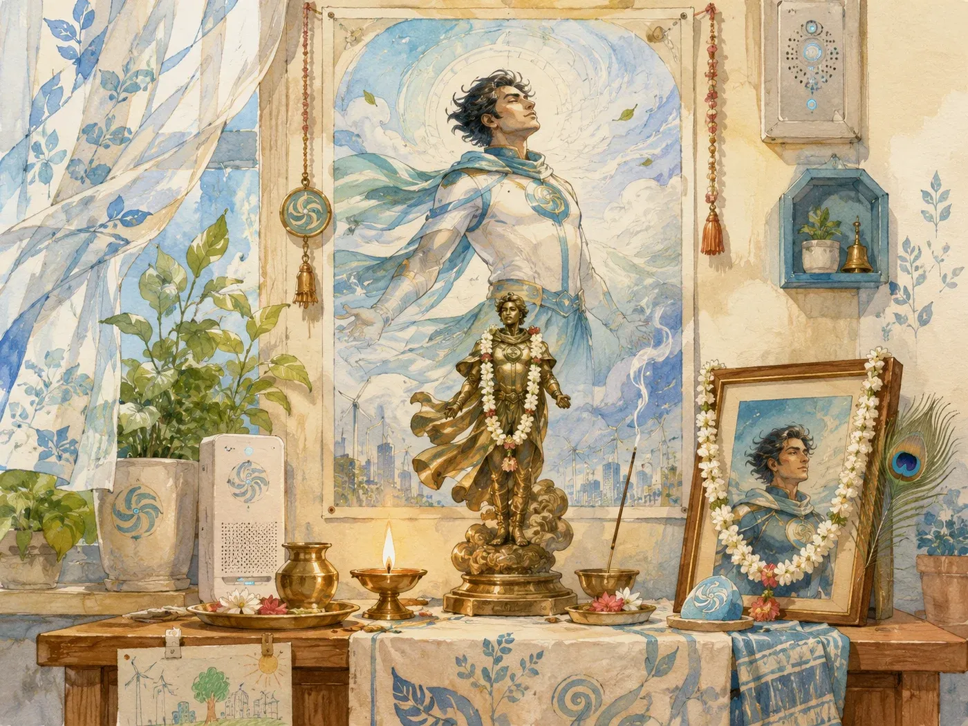 A domestic shrine: a garlanded figure of the wind hero on a cloth-draped table, a lit diya, incense, and a framed portrait beside a household air unit