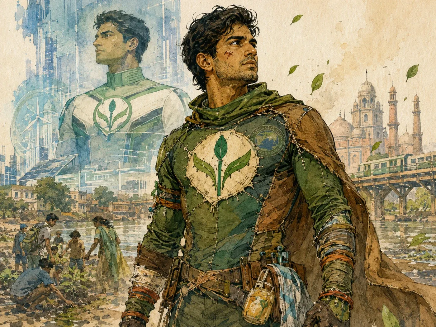A man in a patched green and brown suit with a hand-stitched leaf emblem, the sleek state-designed hero he is named for ghosted in behind him