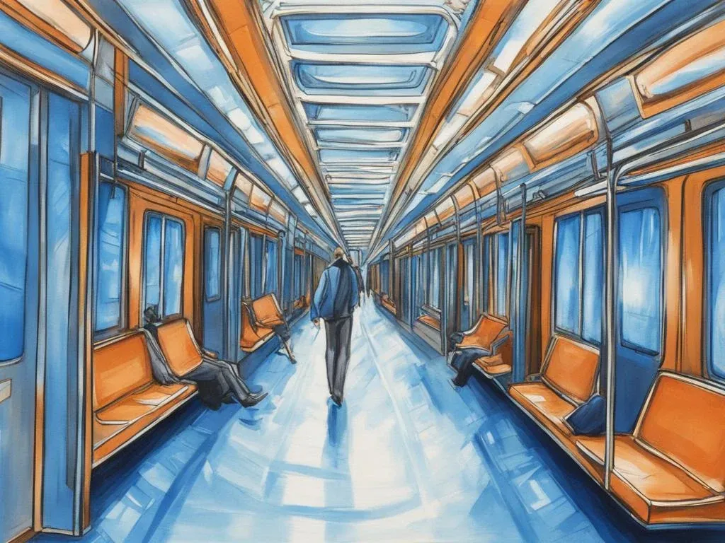 Footsteps on a train corridor floor leaving a blue blur of soft light behind them