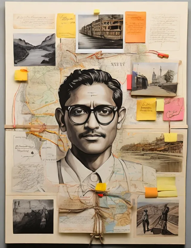 A board of maps, photographs and sticky notes strung together around one portrait