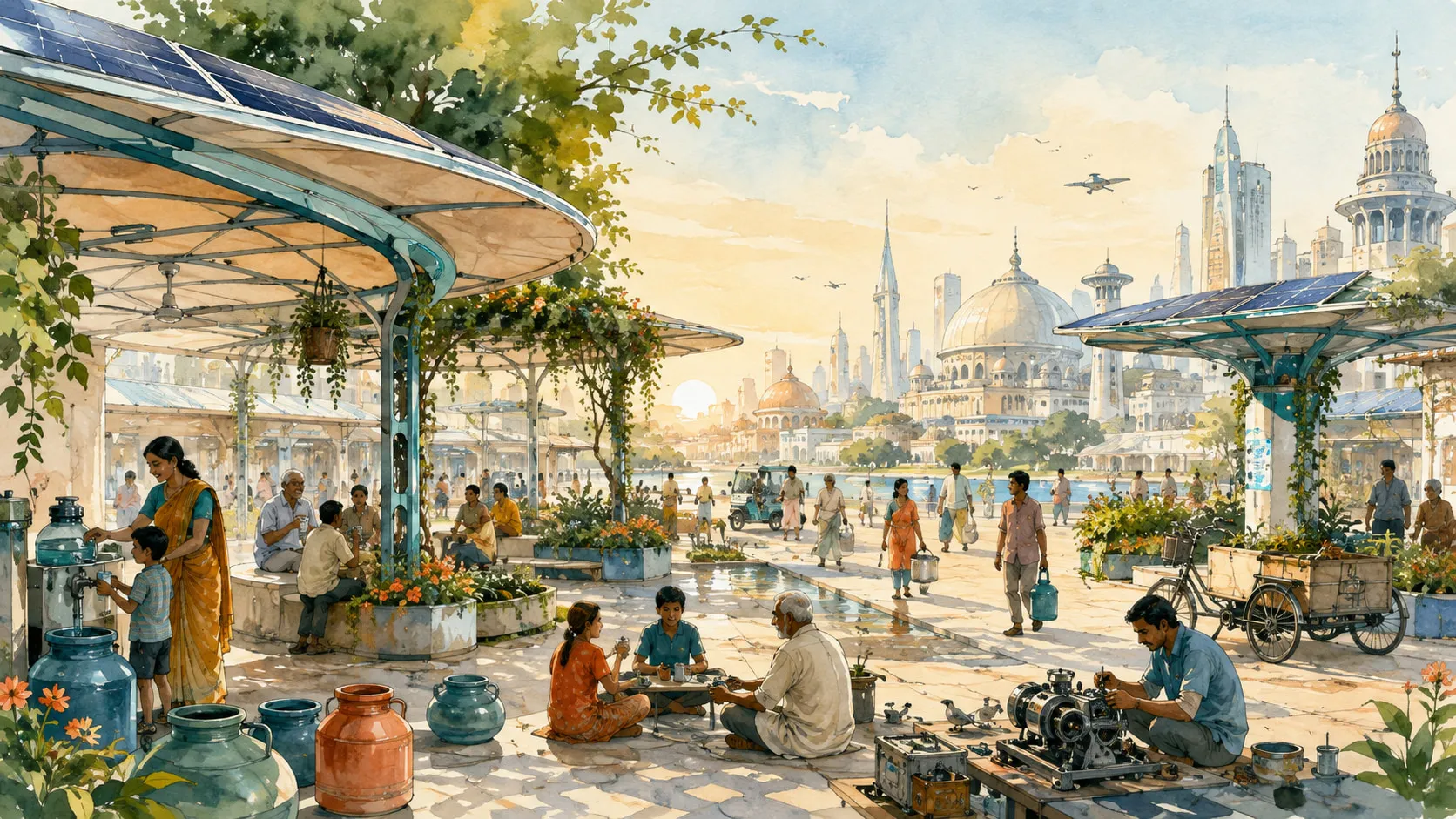 A public plaza with water dispensers, solar shade canopies, people drinking tea and a man repairing a machine, a rebuilt city behind